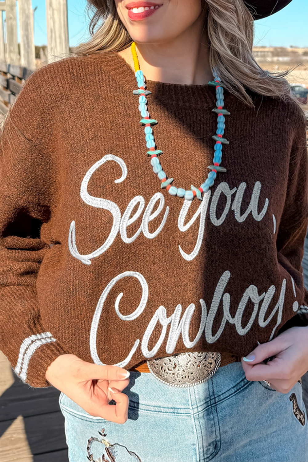 See You Cowboy Embroidered Western Graphic Sweater