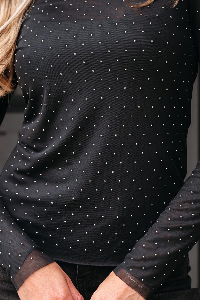 See-Through Rhinestone Embellished Mesh Long Sleeve Top