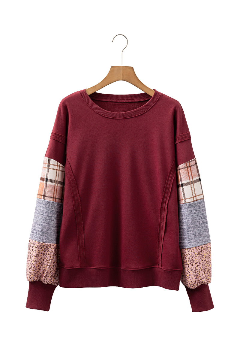 Plaid Colorblock Patchwork Sleeve Raw Seam Sweatshirt