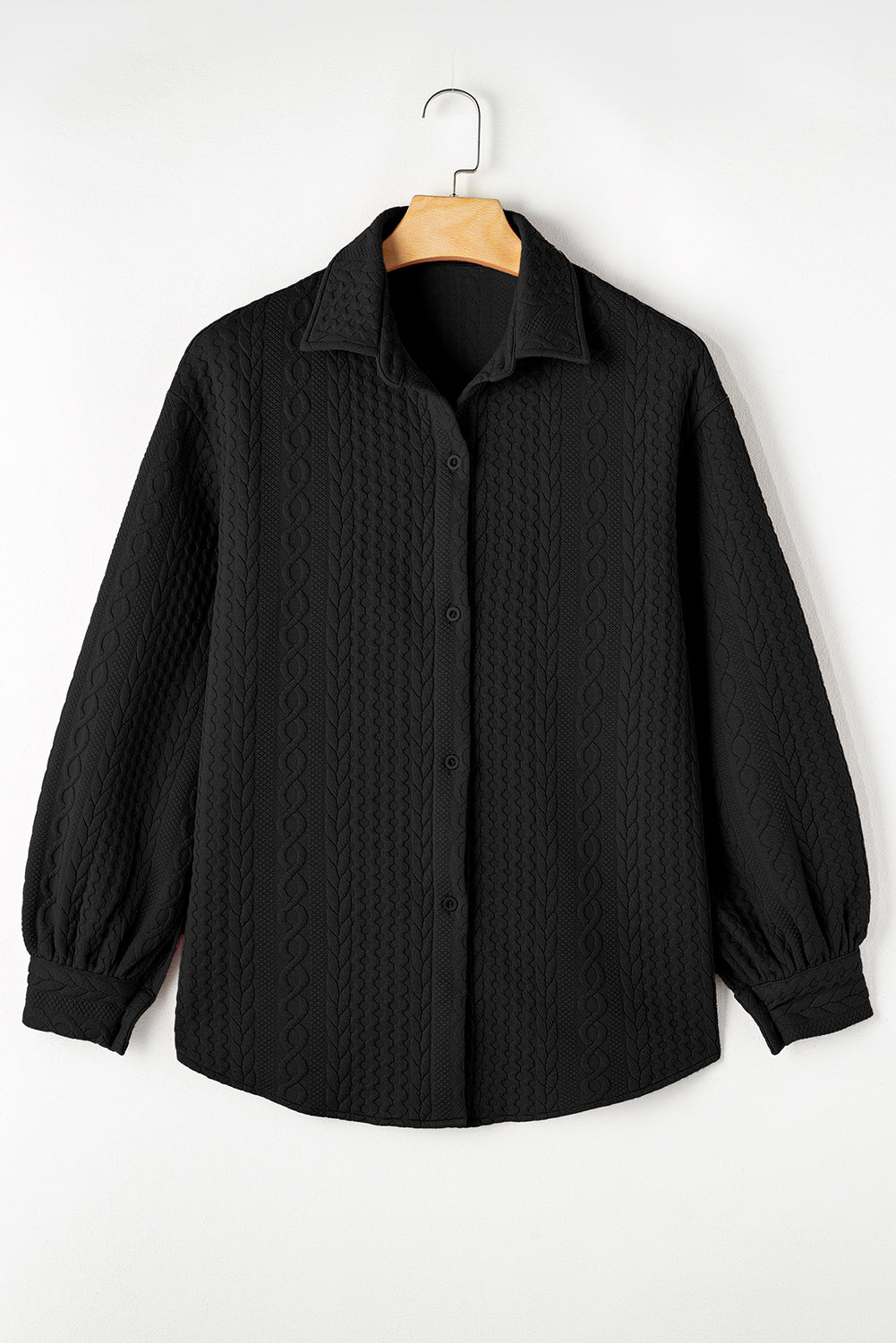 Black Cable Texture Puff Sleeve Loose Shacket