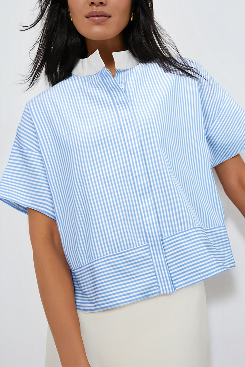 Sky Blue Stripe Contrast Collar Patchwork Hidden Button Short Sleeve Summer Shirt