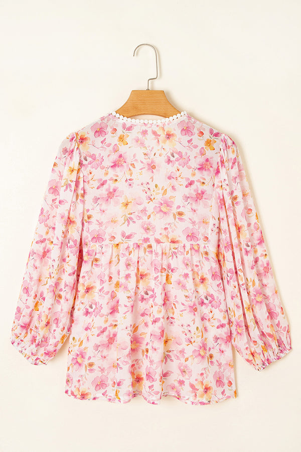 Print Tassel Tie Smocked V Neck Puff Sleeve Tunic Blouse