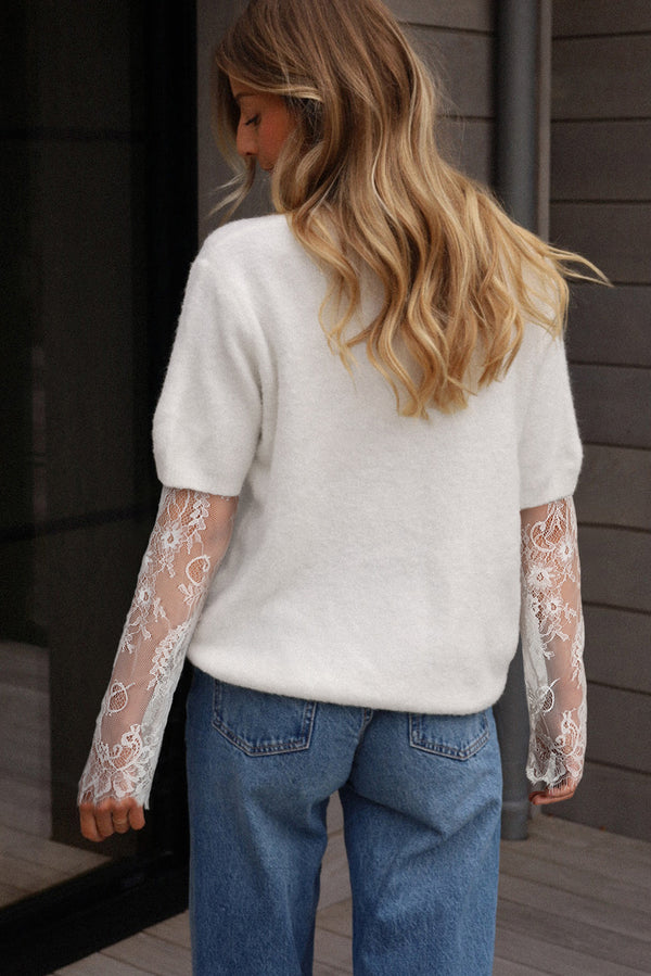 Lace Sleeve Patchwork Faux Two-piece Fuzzy Sweater