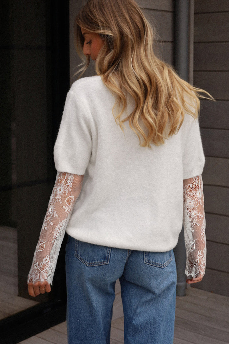 Lace Sleeve Patchwork Faux Two-piece Fuzzy Sweater