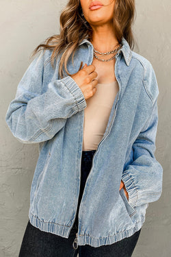 Elastic Edge Collared Zip Up Denim Jacket With Pocket