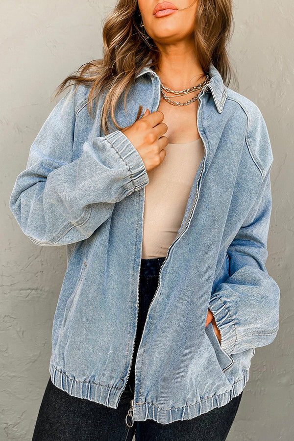Elastic Edge Collared Zip Up Denim Jacket With Pocket