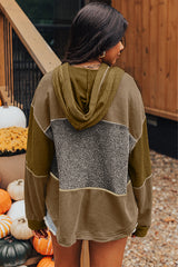 Mixed Texture Patchwork Exposed Seam Half Button Pullover Hooded Sweatshirt