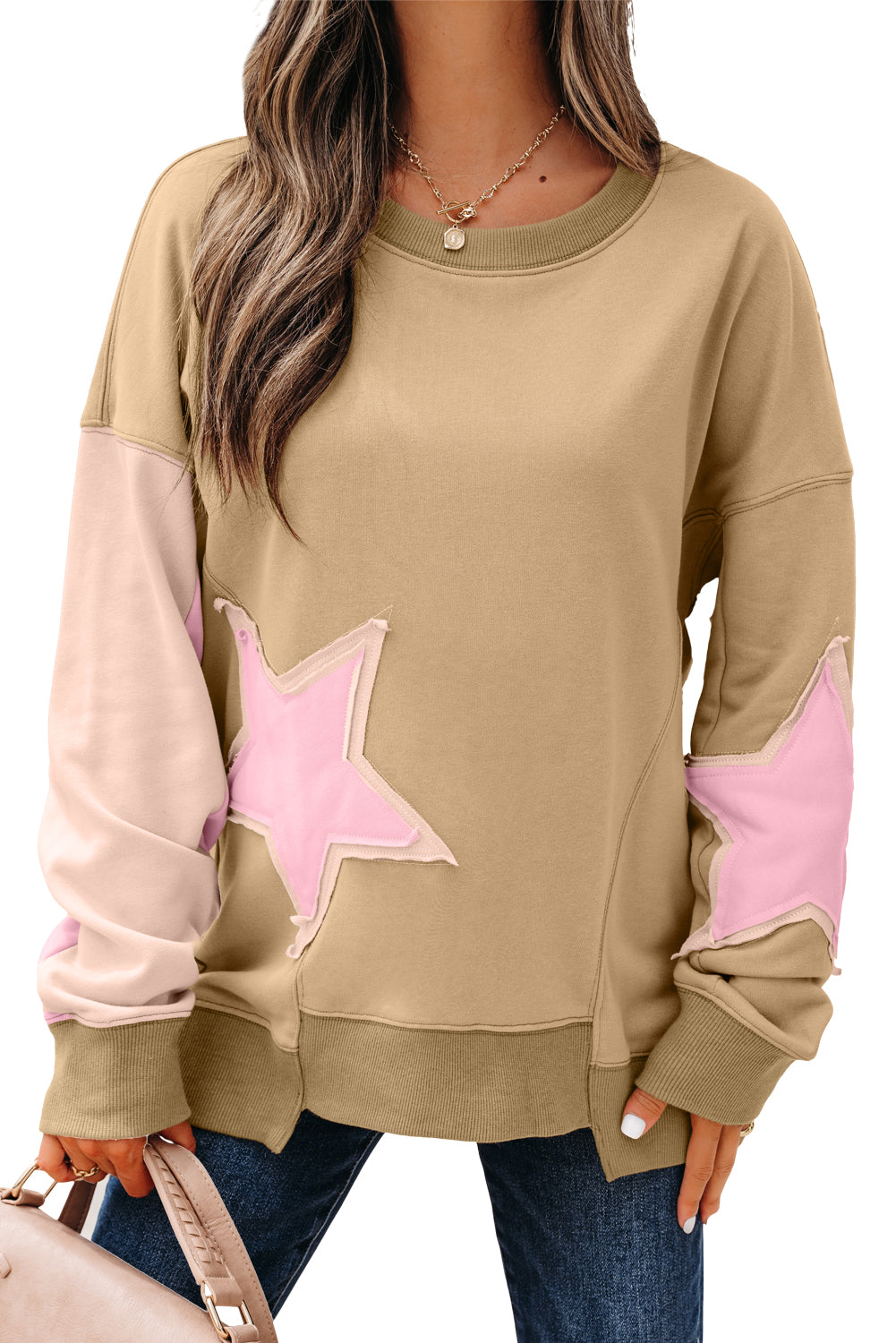 Contrast Star Patchwork Exposed Seam Uneven Hem Drop Shoulder Sweatshirt