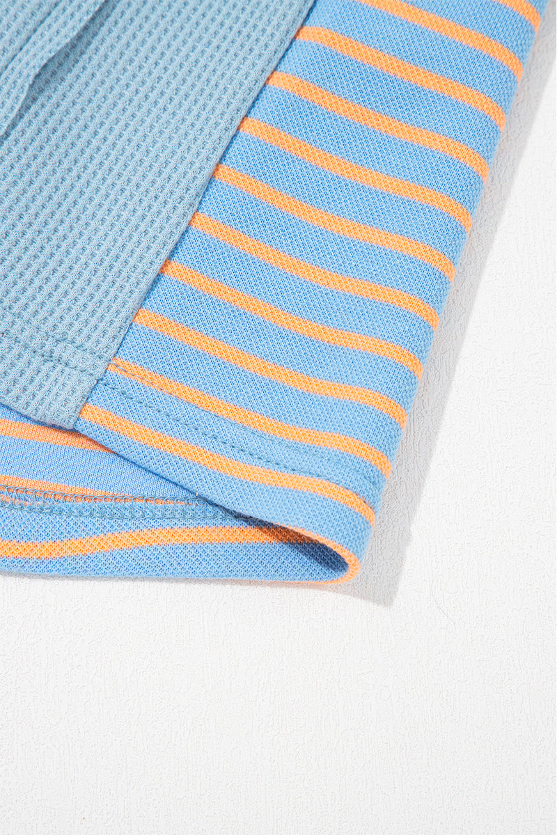 Exposed Seam Waffle Striped Patchwork Baggy Pullover
