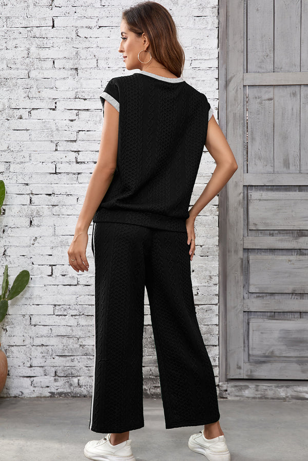 Cable Knit Contrast Trim Short Sleeve Top and Pants Set