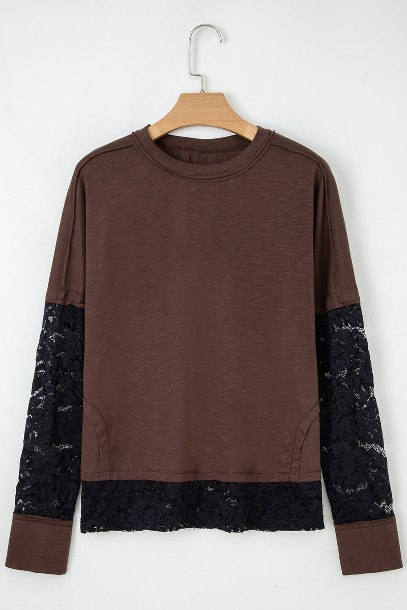 Sheer Lace Patchwork Casual Long Sleeve Tee
