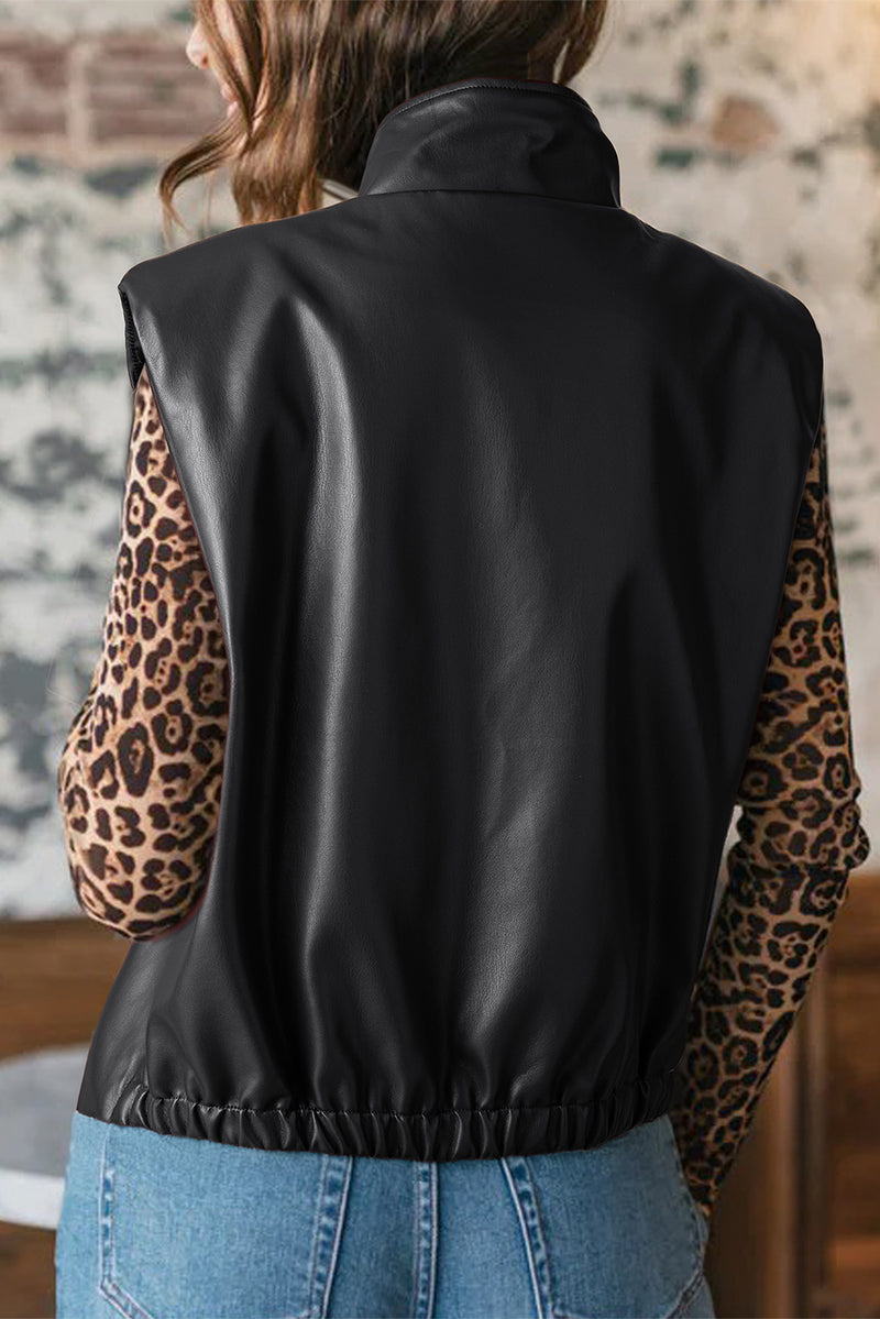 Double Flap Pocket Faux Leather Zip Up Stand Neck Vest