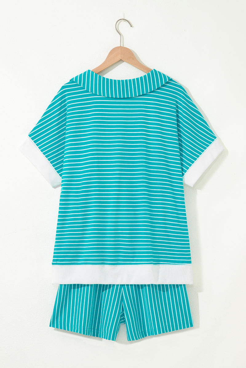 Stripe V Neck Tee and Casual Short Set