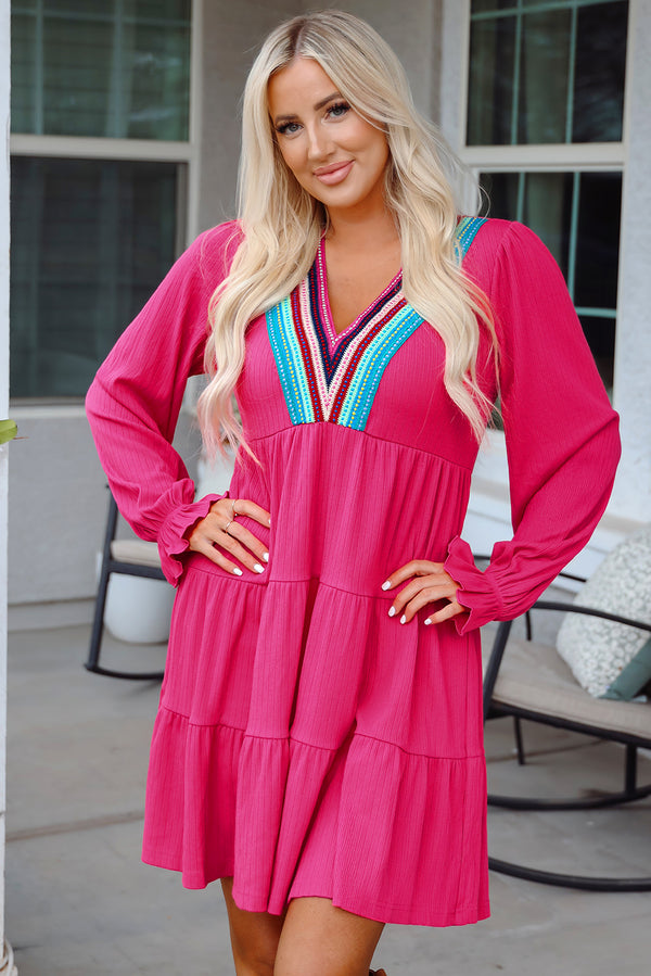 Colorful Crochet V Neck Textured Tiered Ruffled Long Sleeve Mini Dress
