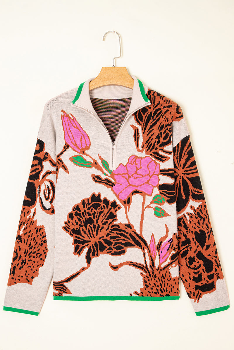 Floral Pattern Knit Quarter Zip Stand Neck Sweater