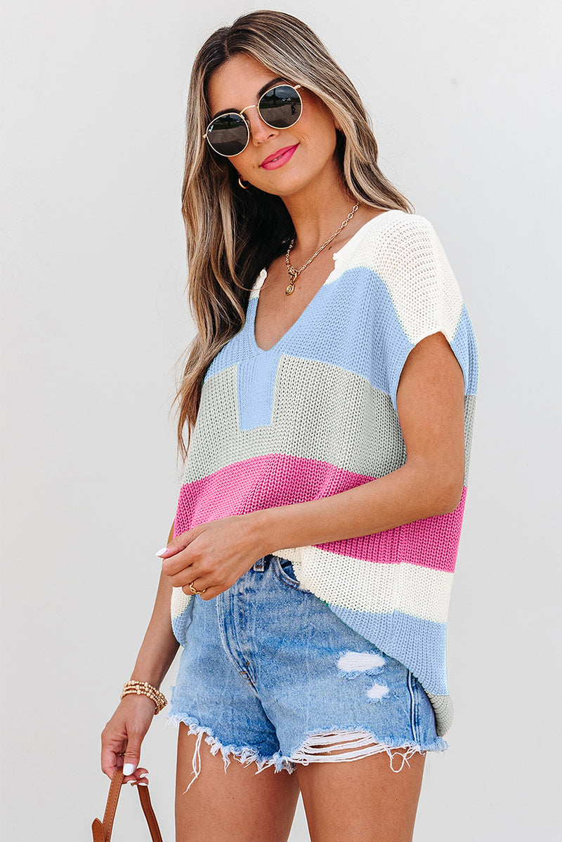 Multicolour Color Block Notch V Neck Sweater T Shirt
