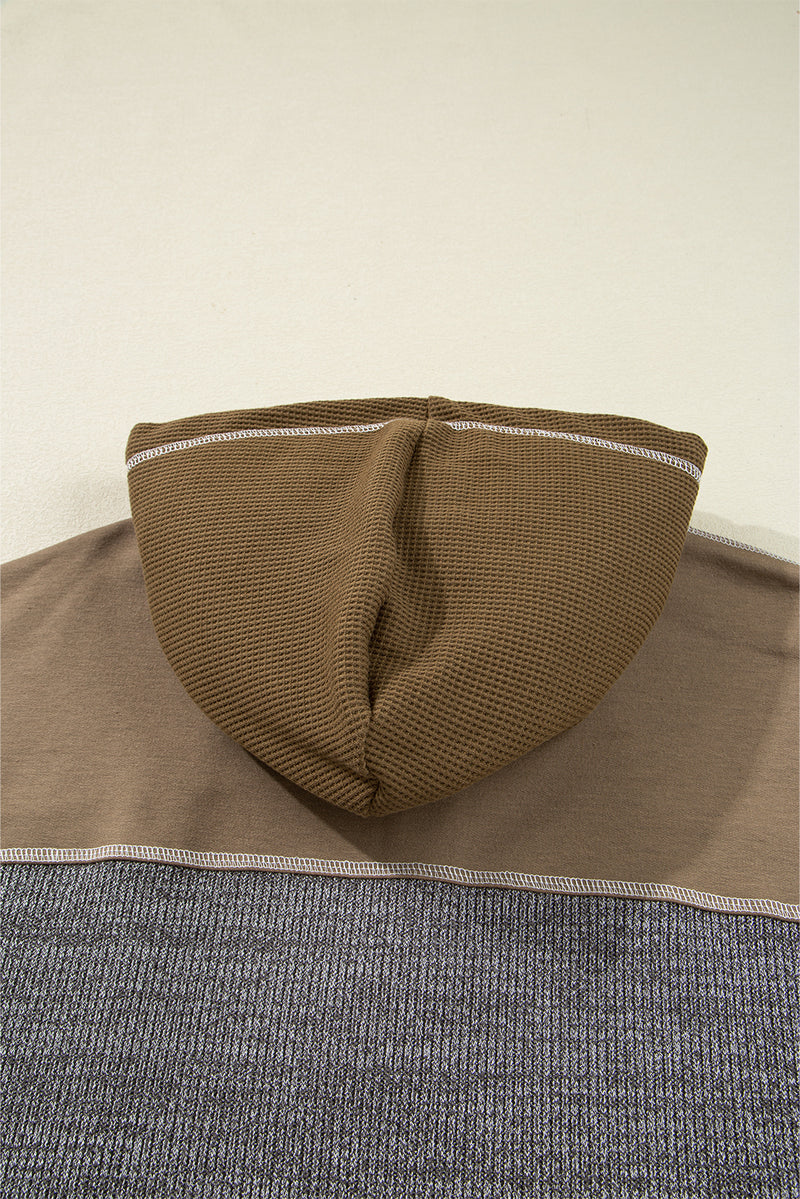 Mixed Texture Patchwork Exposed Seam Half Button Pullover Hooded Sweatshirt