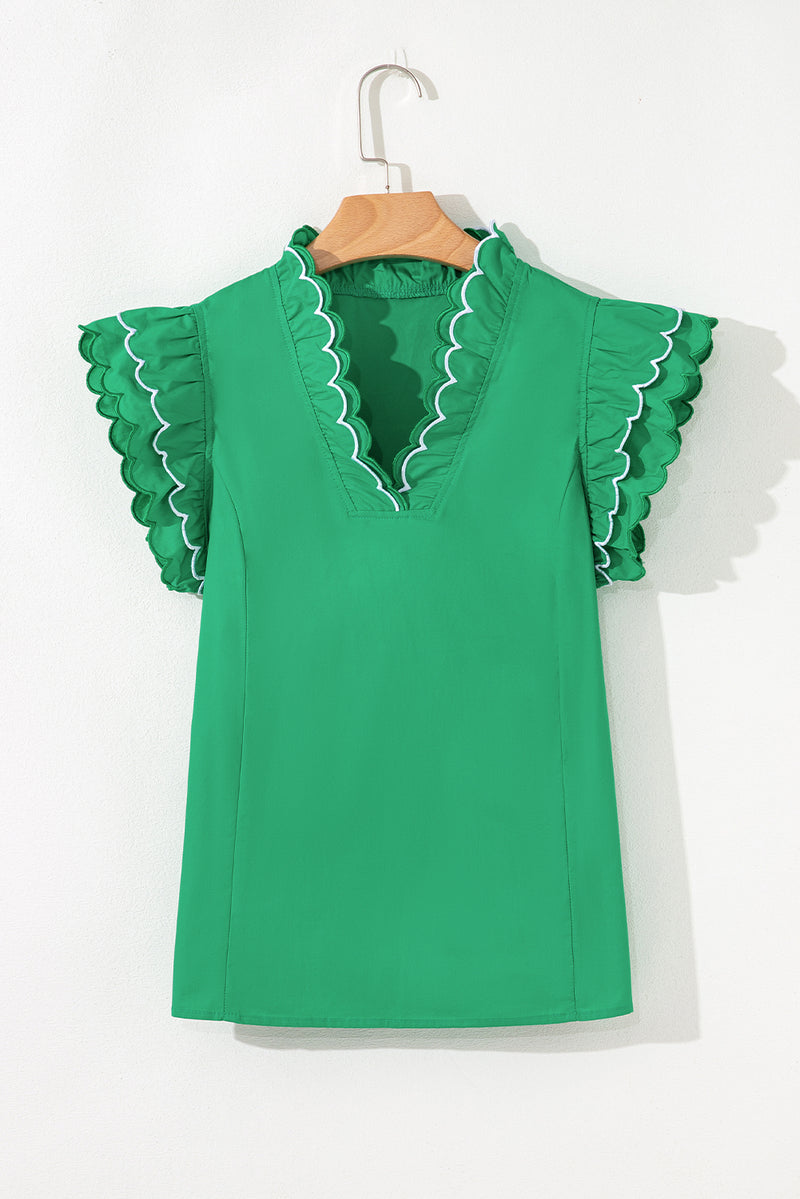 Solid Contrast Scallop Trim Layered Short Sleeve V Neck Blouse