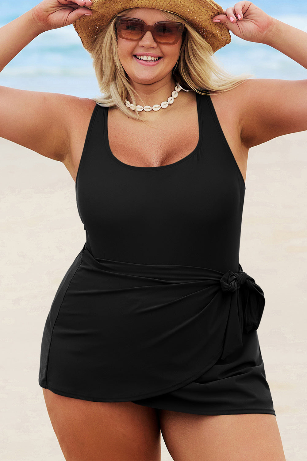 Solid Color Square Neck Knotted Plus Size One Piece Swimsuit