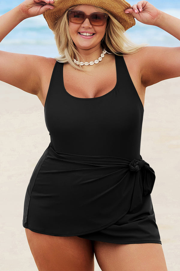 Solid Color Square Neck Knotted Plus Size One Piece Swimsuit