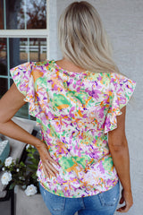 Abstract Printed Ruffled Short Sleeve Notched Neck Blouse