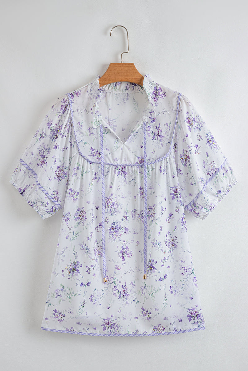 Floral Trimmed Detail Split Neck Plus Size Top