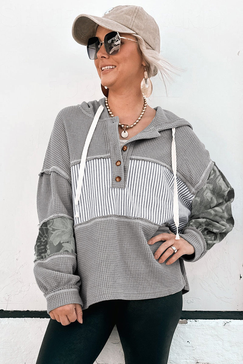 Waffle Printed Patchwork Drawstring Hooded Long Sleeve Top