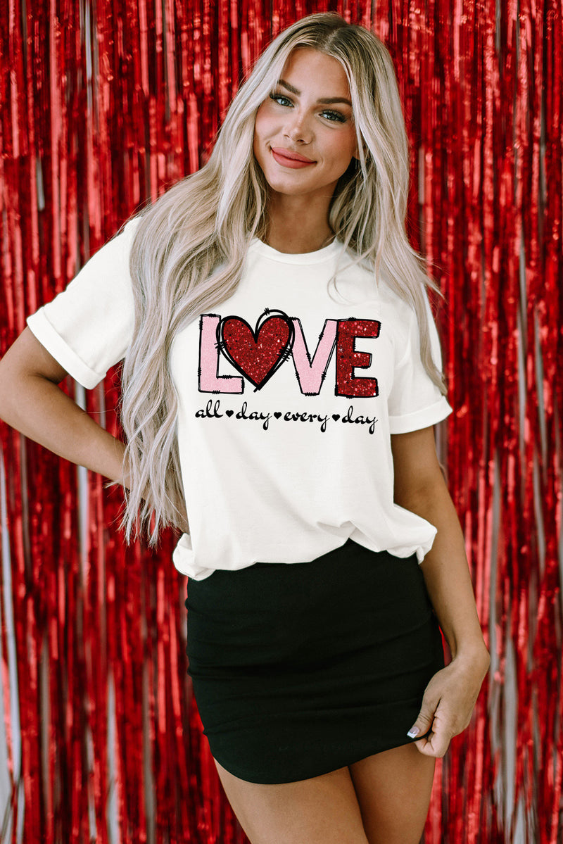 Valentine LOVE Heart Shape Crew Neck Graphic Tee