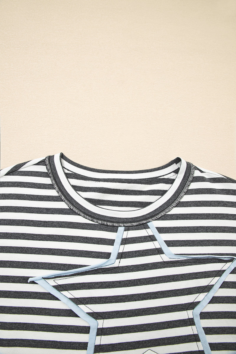 Stripe Starry Patch Drop Shoulder Raw Edge Casual Knit Top