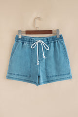 Contrast Drawstring Elastic Waist Denim Shorts