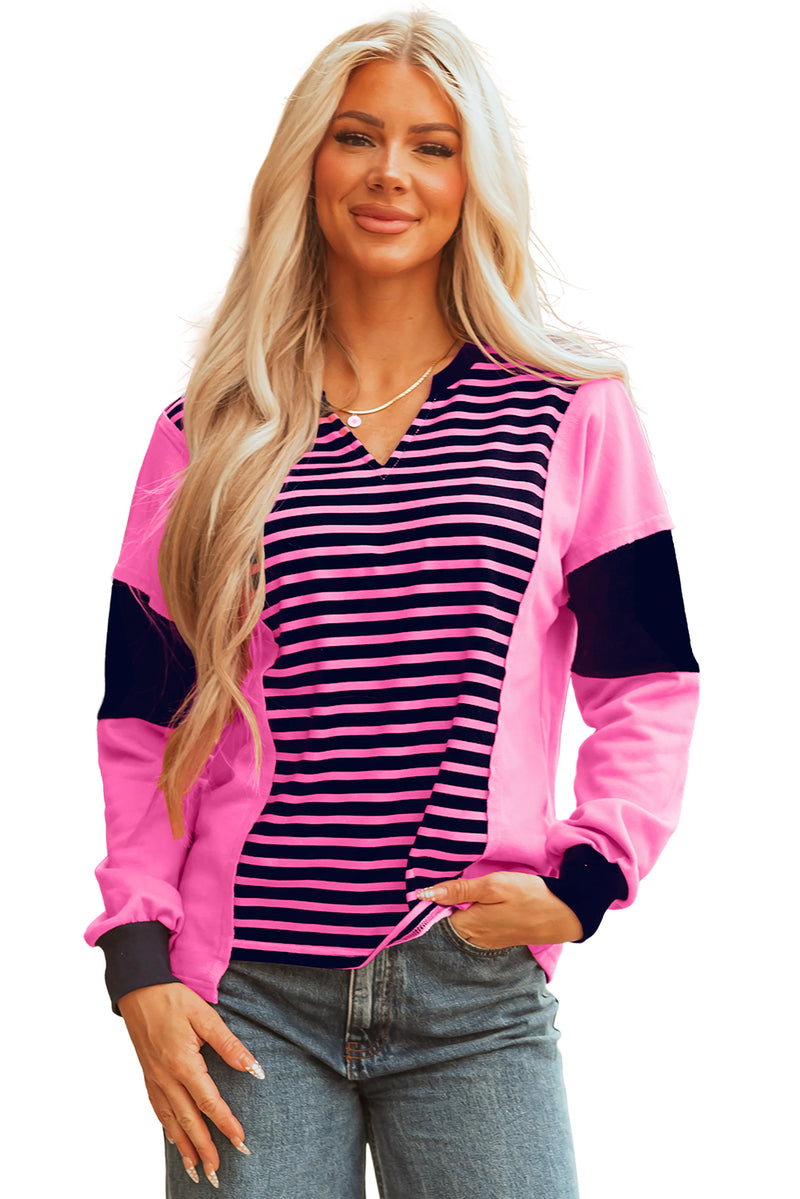 Stripe Color Block V Neck Loose Fit Long Sleeve Top