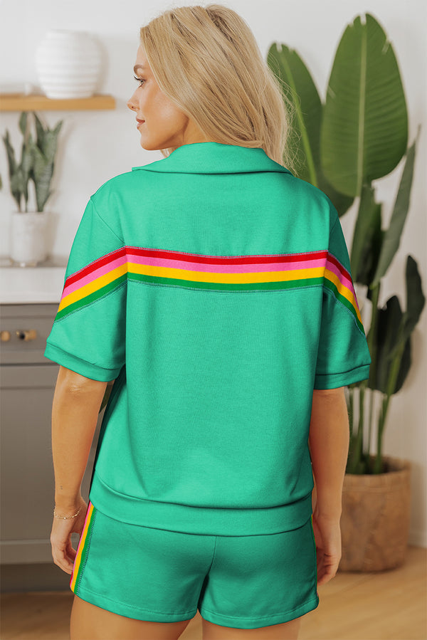 Rainbow Color block Collared Short Sleeve Top 2 Piece Shorts Set