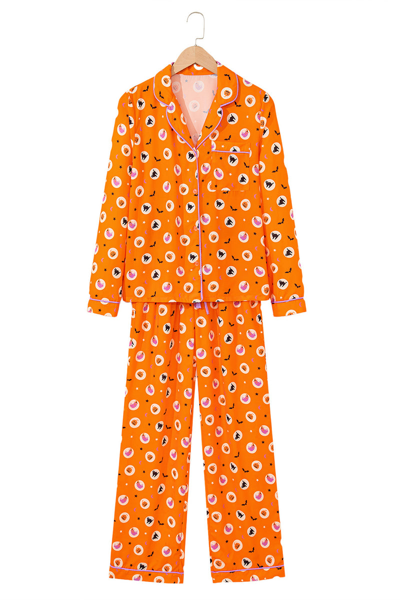 Halloween Print Lapel Shirt Long 2pcs Pajama Set