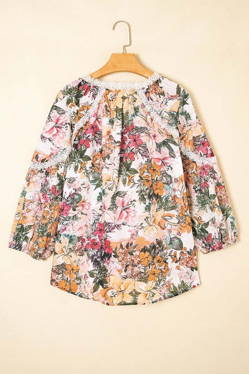 Floral Print Lace Embroidery Tie Split Neck Long Sleeve Blouse