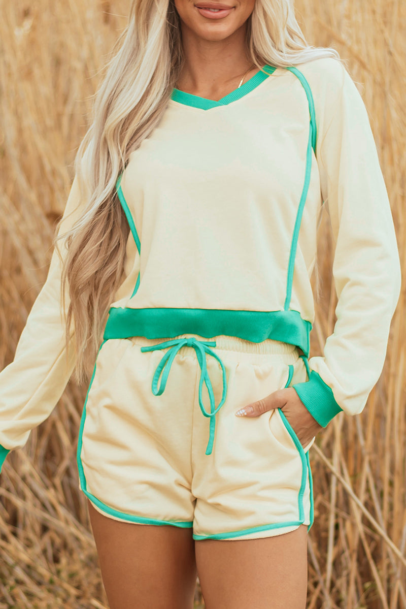Contrast Trim Colorblock Long Sleeve Pullover and Drawstring Shorts 2pcs Outfit