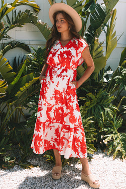 Floral Print Trimmed V Neck Ruffle Sleeve Long Dress