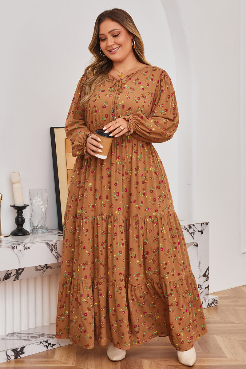 Plus Size Floral Split V Neck Ruffled Sleeve Tiered Maxi Dress