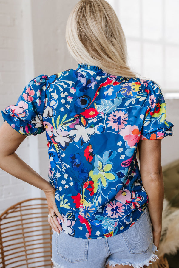 Flower Print Collared V Neck Puff Short Sleeve Loose Blouse