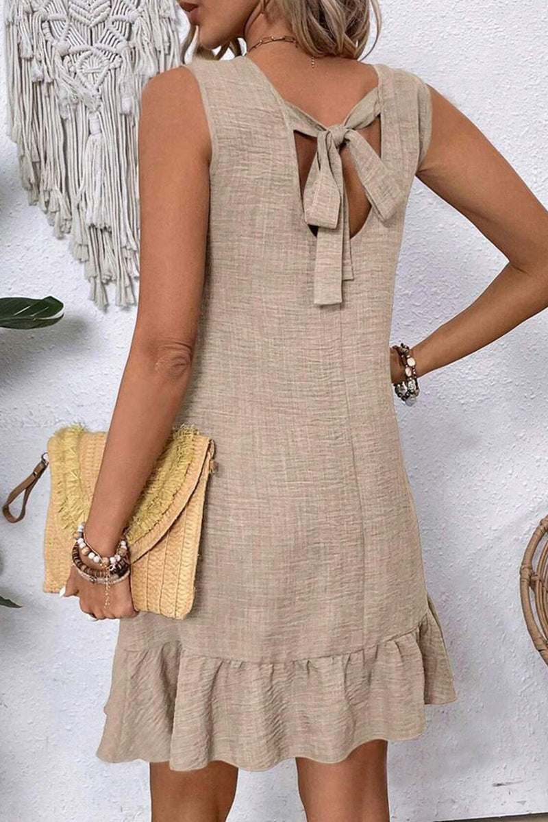 Solid Knot Scoop Back Ruffle Hem Sleeveless Mini Dress
