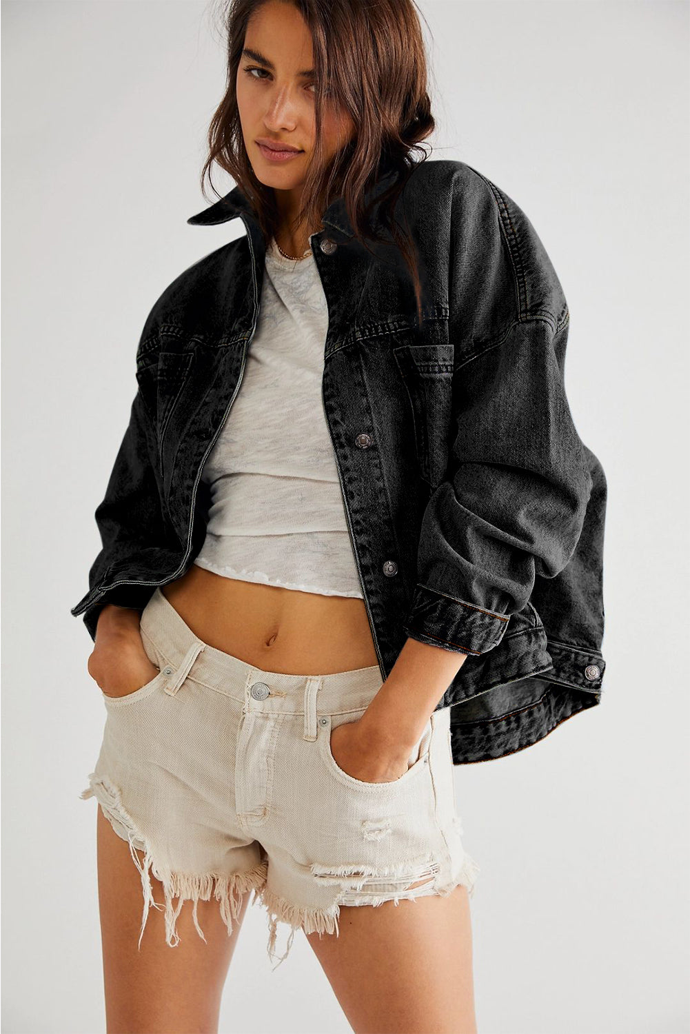 Stripe Washed Oversize Pocketed Denim Jacket