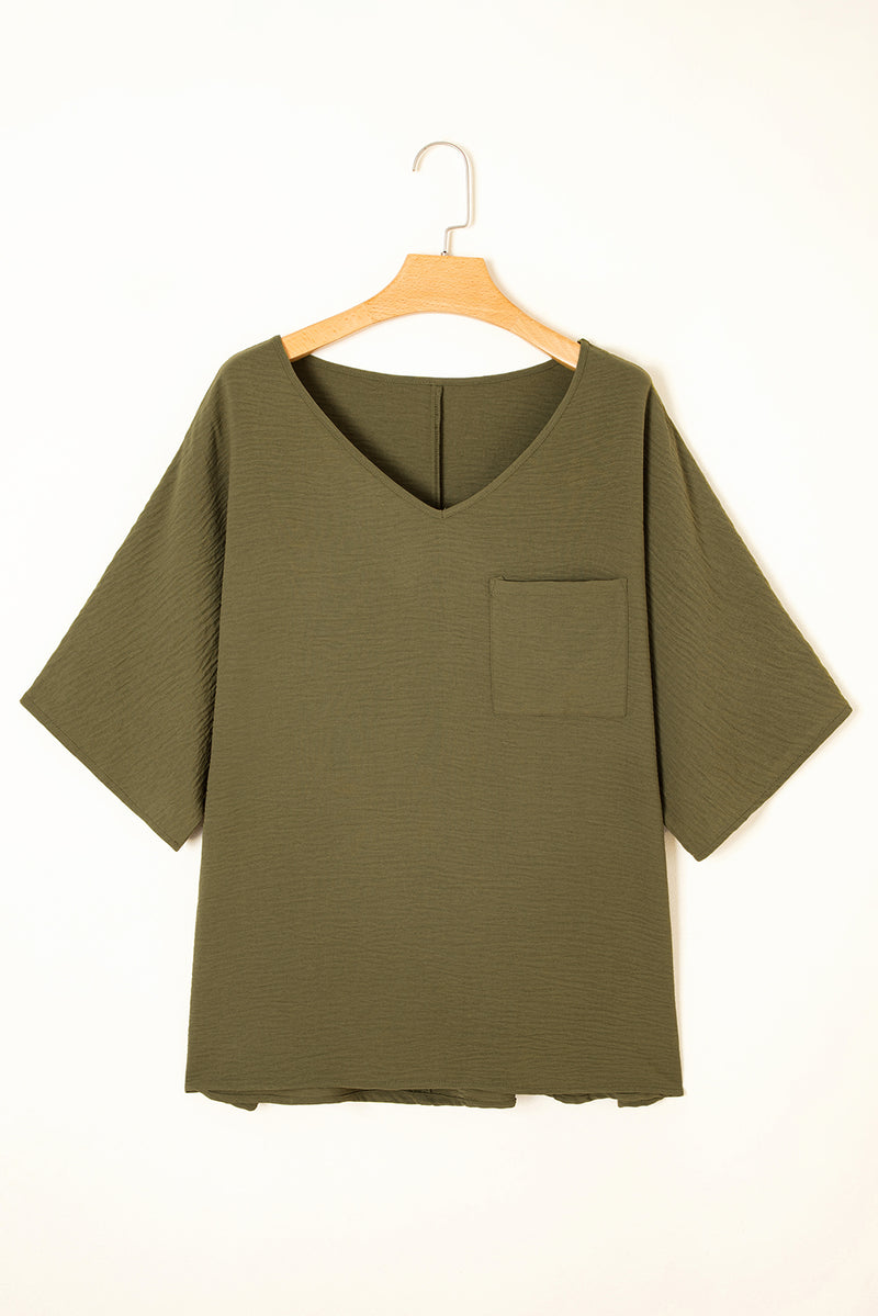 Textured Half Sleeve V Neck Plus Size T Shirt with Chest Pocket