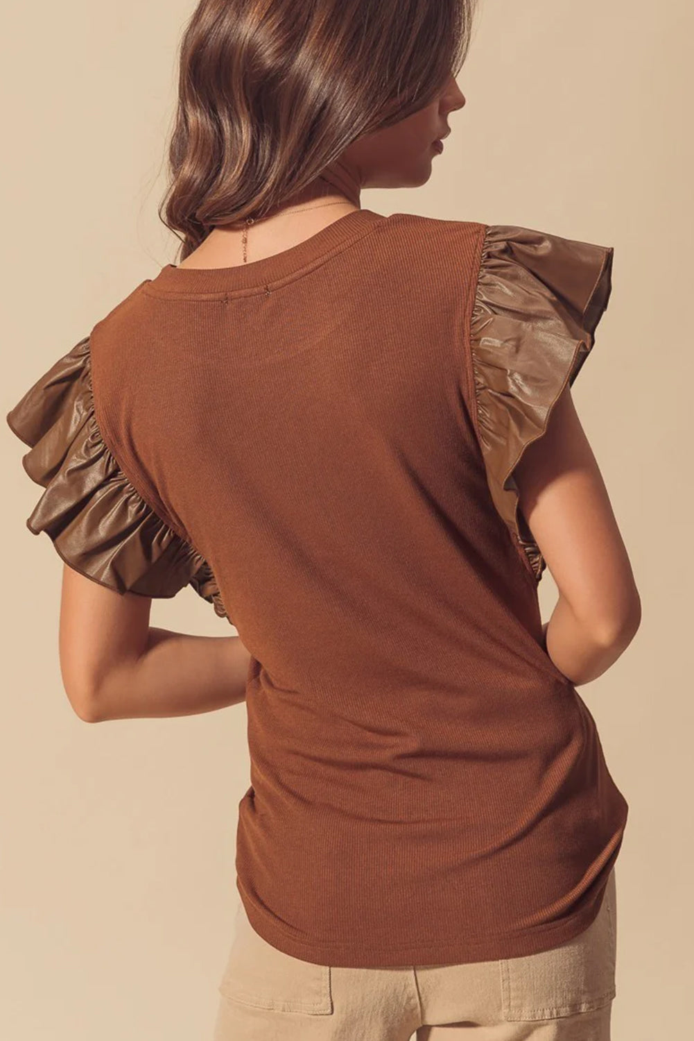 Solid Leather Ruffle Sleeve Patchwork Round Neck Blouse
