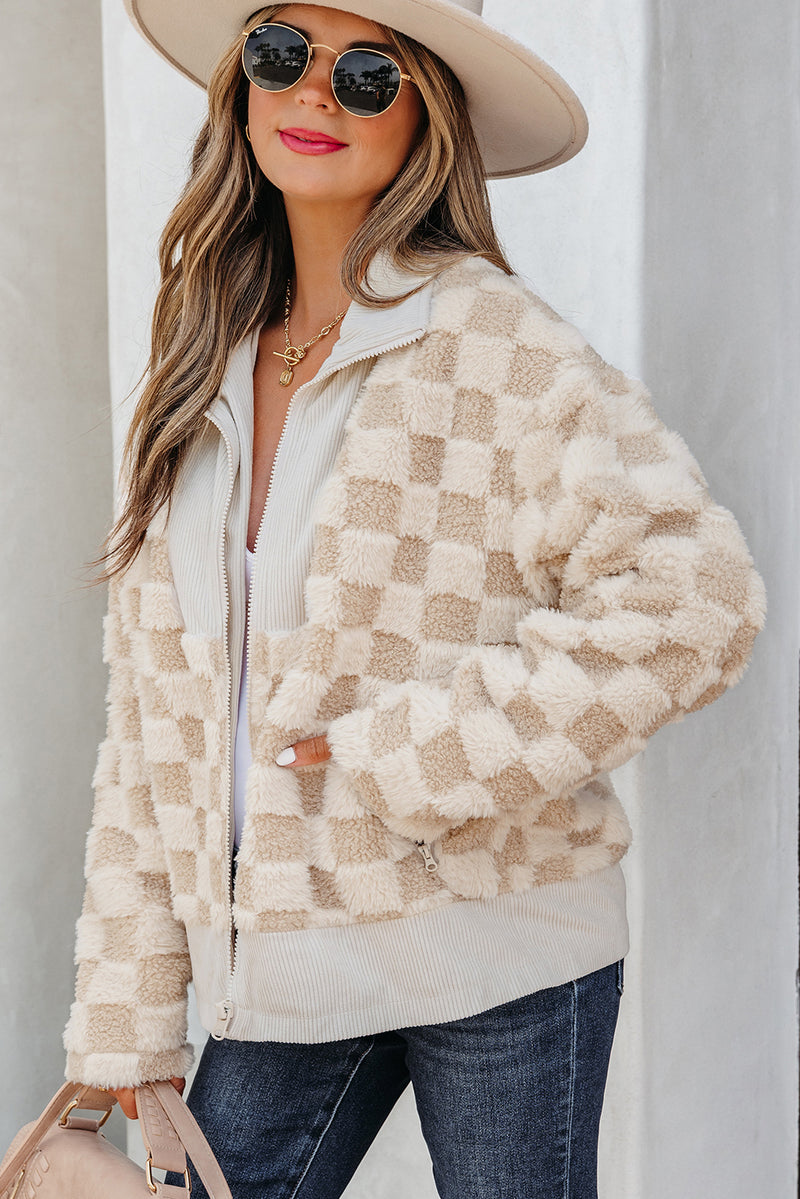 Checker Sherpa Corduroy Patchwork Zip up Collared Jacket