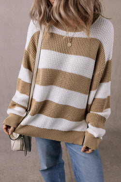 Khaki Colorblock Striped Drop Shoulder Side Slit Sweater
