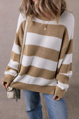 Light French Colorblock Striped Drop Shoulder Side Slit Sweater