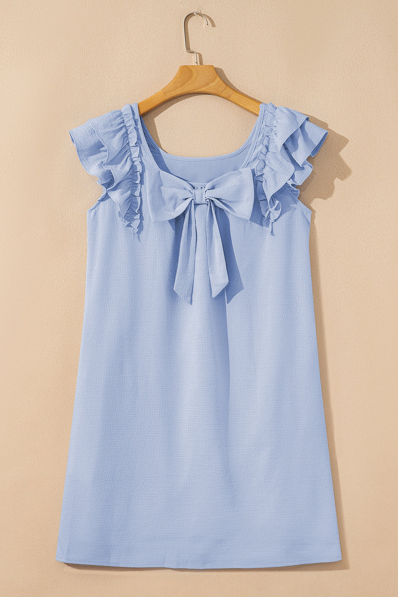 Textured Flutter Sleeve Square Neck Bow Back Mini Dress