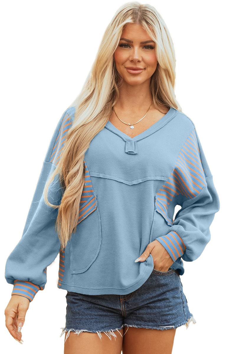 Exposed Seam Waffle Striped Patchwork Baggy Pullover