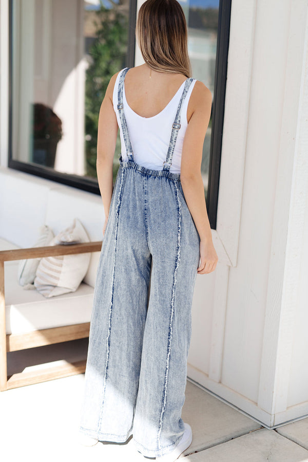 Light Wash Frayed Exposed Seam Wide Leg Denim Overall