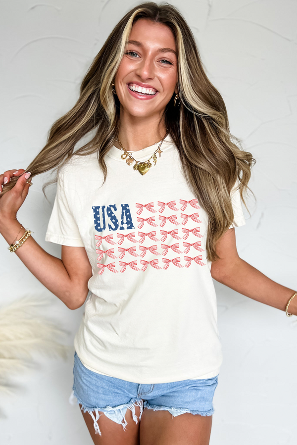 USA Flag Bow Knot Print Round Neck T Shirt