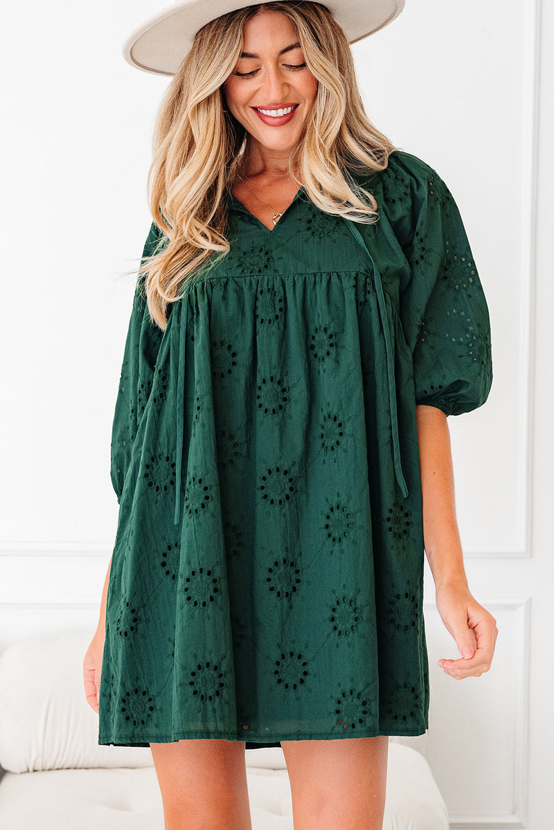 Embroidered Eyelet Pattern 3/4 Puffy Sleeve Swing Mini Dress